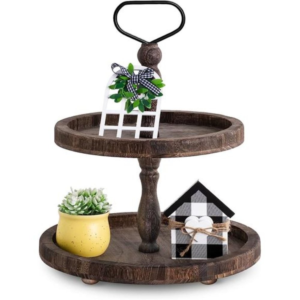 Rustic Wooden 2Tiered Tray,Round Farmhouse Kitchen Table Decor Serving Tier Tray